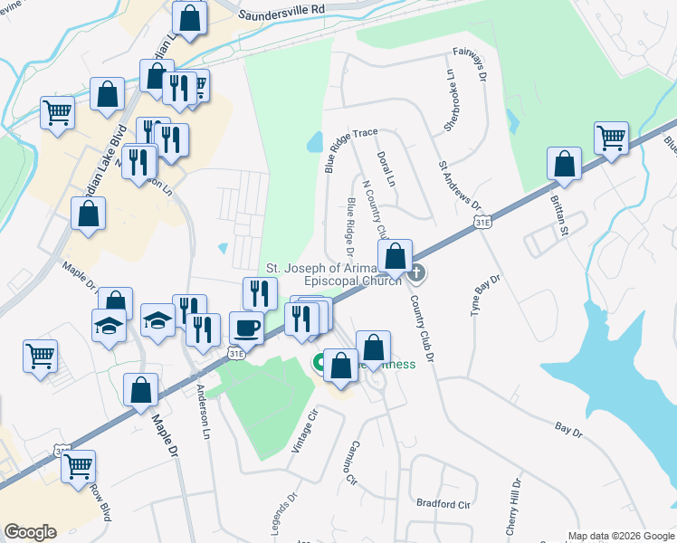 map of restaurants, bars, coffee shops, grocery stores, and more near 102 Blue Ridge Court South in Hendersonville