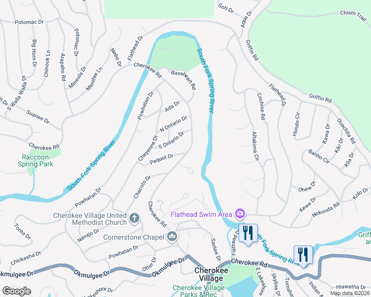 map of restaurants, bars, coffee shops, grocery stores, and more near 14 Cherokee Road in Cherokee Village