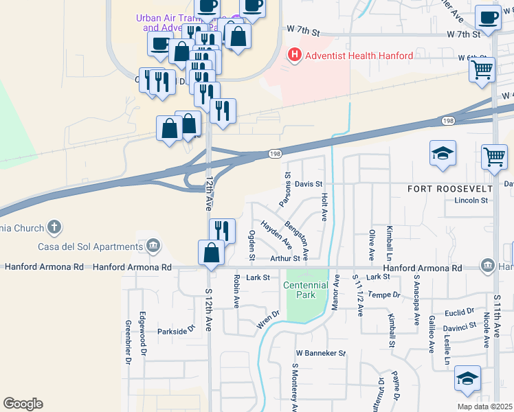 map of restaurants, bars, coffee shops, grocery stores, and more near 805 Ogden Street in Hanford