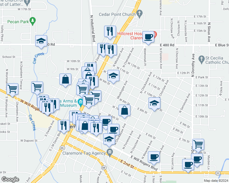 map of restaurants, bars, coffee shops, grocery stores, and more near 618 North Cherokee Avenue in Claremore