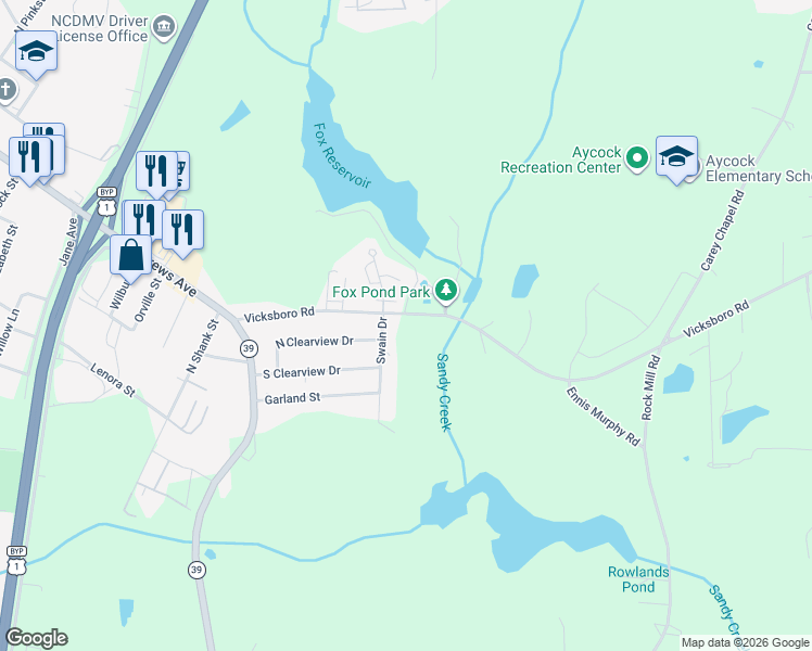 map of restaurants, bars, coffee shops, grocery stores, and more near 394 Vicksboro Road in Henderson