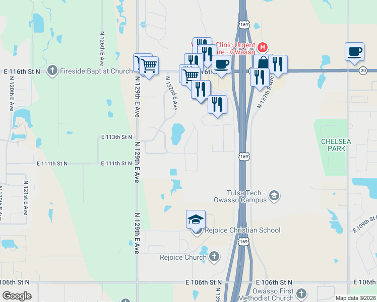map of restaurants, bars, coffee shops, grocery stores, and more near 11201 N 132nd E Ave in Owasso