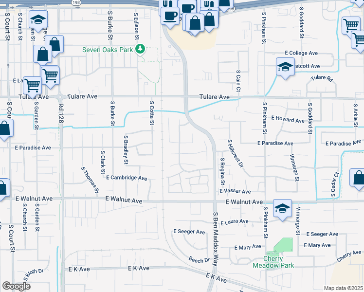 map of restaurants, bars, coffee shops, grocery stores, and more near 1425 East Feemster Avenue in Visalia