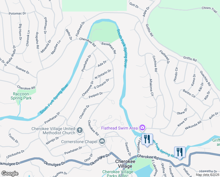 map of restaurants, bars, coffee shops, grocery stores, and more near 14 Cherokee Road in Cherokee Village