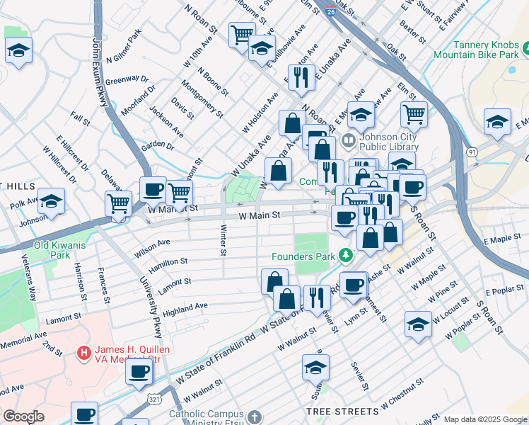 map of restaurants, bars, coffee shops, grocery stores, and more near 259 West Main Street in Johnson City