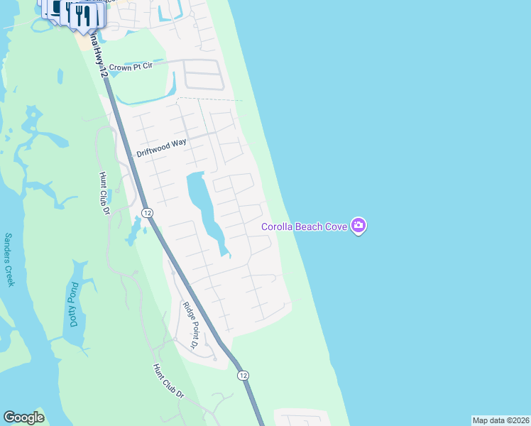 map of restaurants, bars, coffee shops, grocery stores, and more near 605 Wave Arch in Corolla