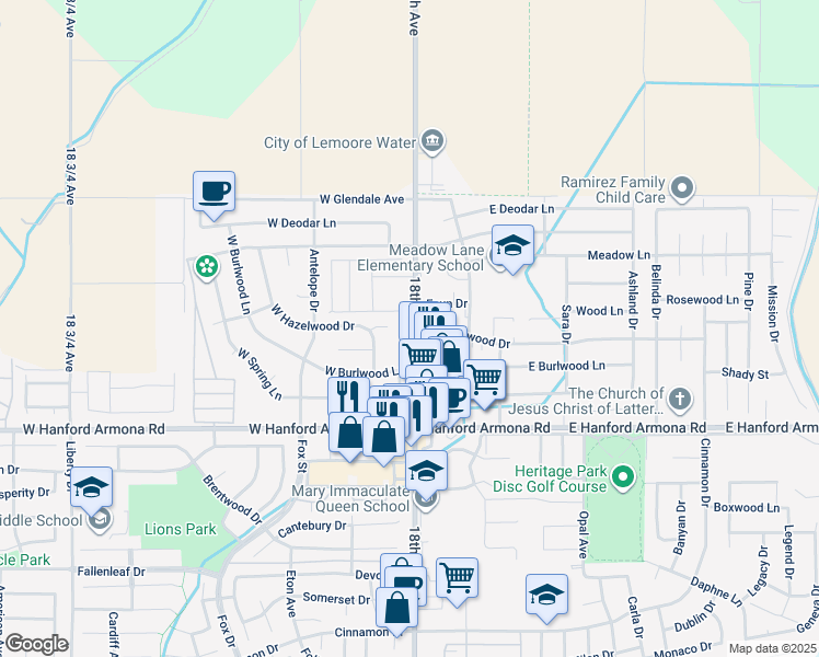 map of restaurants, bars, coffee shops, grocery stores, and more near 1335 18th Avenue in Lemoore
