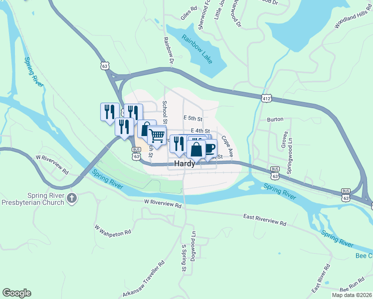 map of restaurants, bars, coffee shops, grocery stores, and more near in Hardy