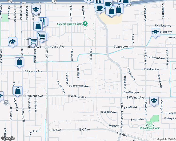 map of restaurants, bars, coffee shops, grocery stores, and more near 1135 East Paradise Avenue in Visalia