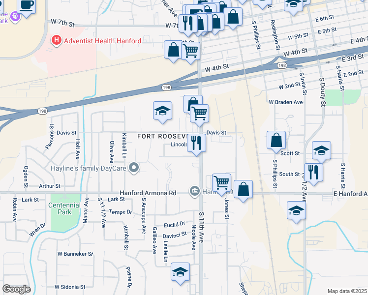 map of restaurants, bars, coffee shops, grocery stores, and more near 789 Lincoln Street in Hanford