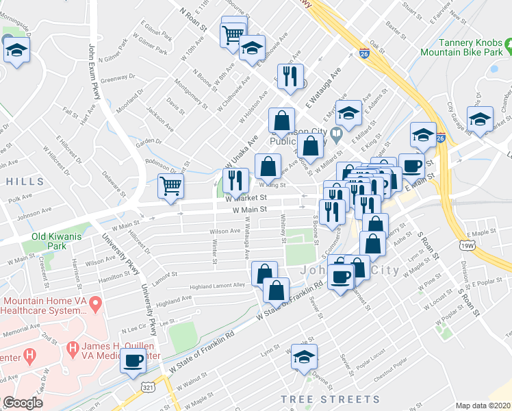 map of restaurants, bars, coffee shops, grocery stores, and more near 268 West Main Street in Johnson City