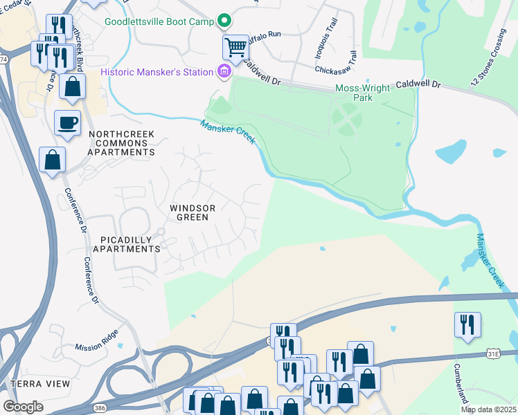 map of restaurants, bars, coffee shops, grocery stores, and more near 165 Southampton Court in Goodlettsville