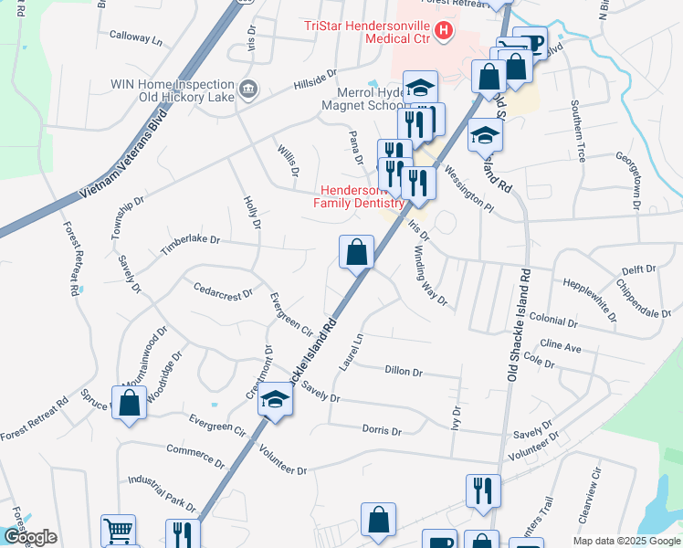 map of restaurants, bars, coffee shops, grocery stores, and more near 231 New Shackle Island Road in Hendersonville
