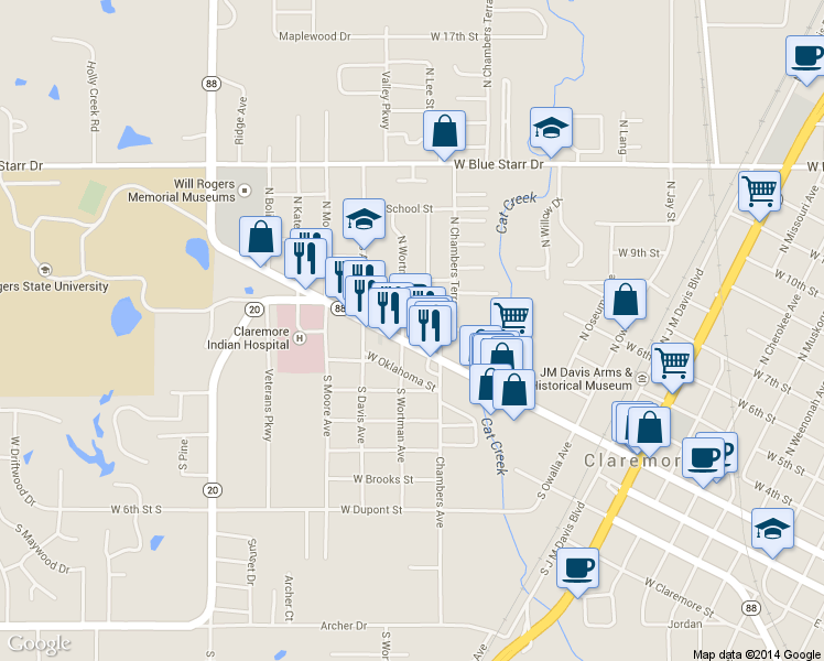 map of restaurants, bars, coffee shops, grocery stores, and more near 1220 West Will Rogers Boulevard in Claremore