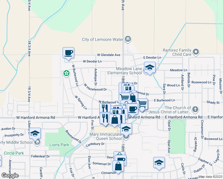 map of restaurants, bars, coffee shops, grocery stores, and more near 150 West Hazelwood Drive in Lemoore