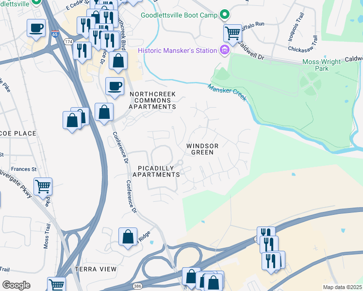map of restaurants, bars, coffee shops, grocery stores, and more near 103 Canton Court in Goodlettsville