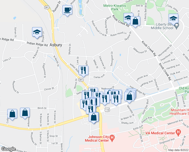 map of restaurants, bars, coffee shops, grocery stores, and more near 1712 Carter Avenue in Johnson City