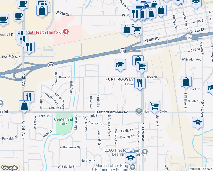map of restaurants, bars, coffee shops, grocery stores, and more near 728 South Del Rio Court in Hanford