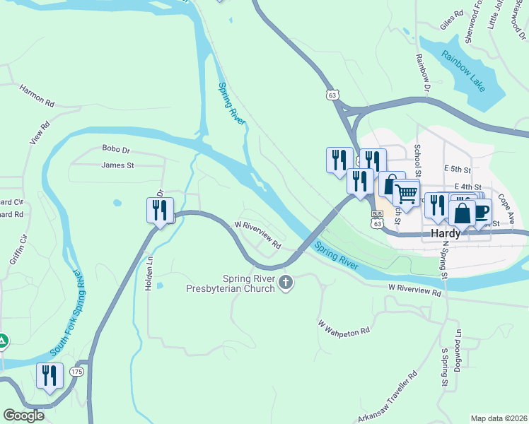 map of restaurants, bars, coffee shops, grocery stores, and more near 41 Rio Vista Circle in Hardy