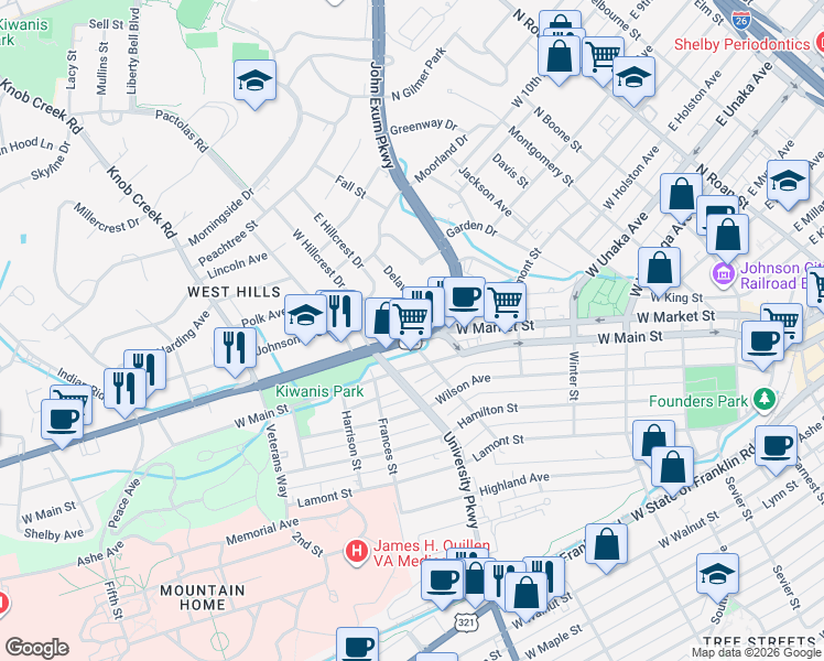 map of restaurants, bars, coffee shops, grocery stores, and more near 608 U.S. 11E in Johnson City