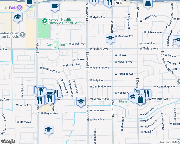 map of restaurants, bars, coffee shops, grocery stores, and more near 1546 South Linwood Street in Visalia