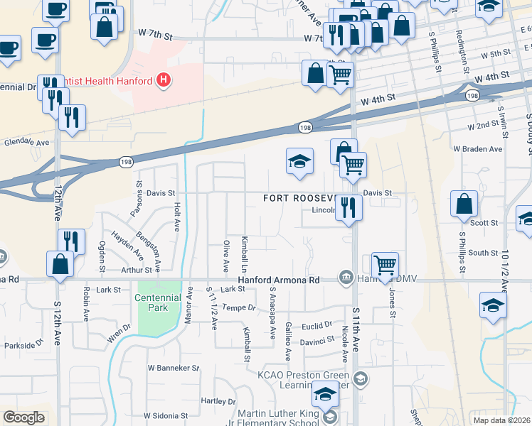 map of restaurants, bars, coffee shops, grocery stores, and more near 728 South Del Rio Court in Hanford