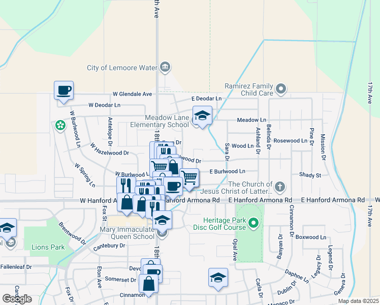 map of restaurants, bars, coffee shops, grocery stores, and more near 226 East Hazelwood Drive in Lemoore