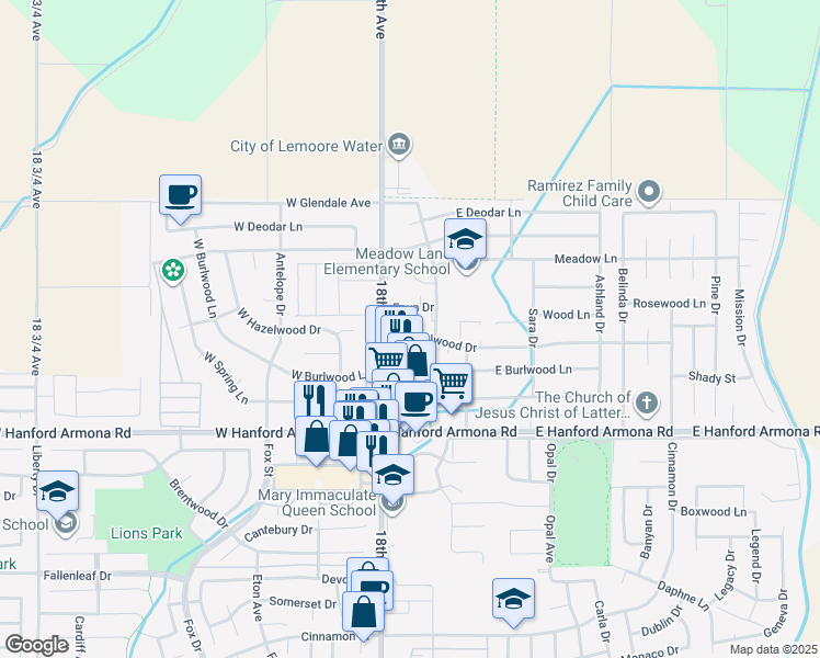 map of restaurants, bars, coffee shops, grocery stores, and more near 32 East Hazelwood Drive in Lemoore