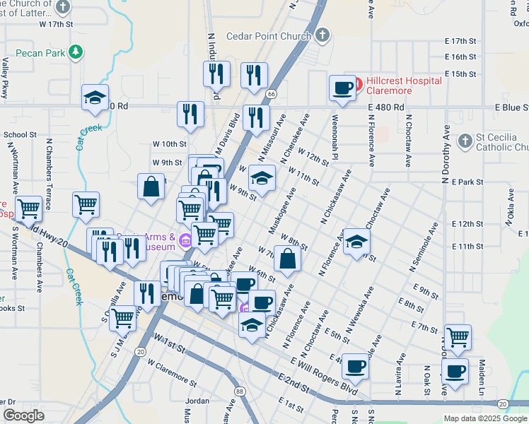 map of restaurants, bars, coffee shops, grocery stores, and more near 621 North Cherokee Avenue in Claremore