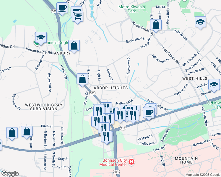 map of restaurants, bars, coffee shops, grocery stores, and more near 1716 Carter Avenue in Johnson City