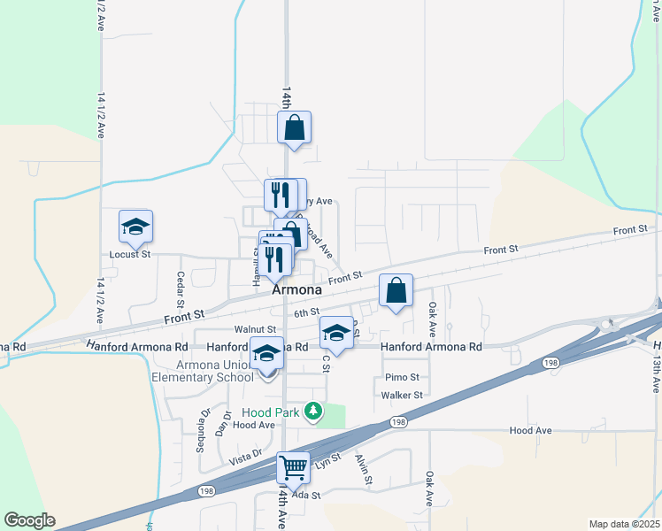 map of restaurants, bars, coffee shops, grocery stores, and more near 10848 Ambrose Street in Hanford
