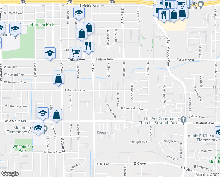 map of restaurants, bars, coffee shops, grocery stores, and more near 1539 South Michael Court in Visalia