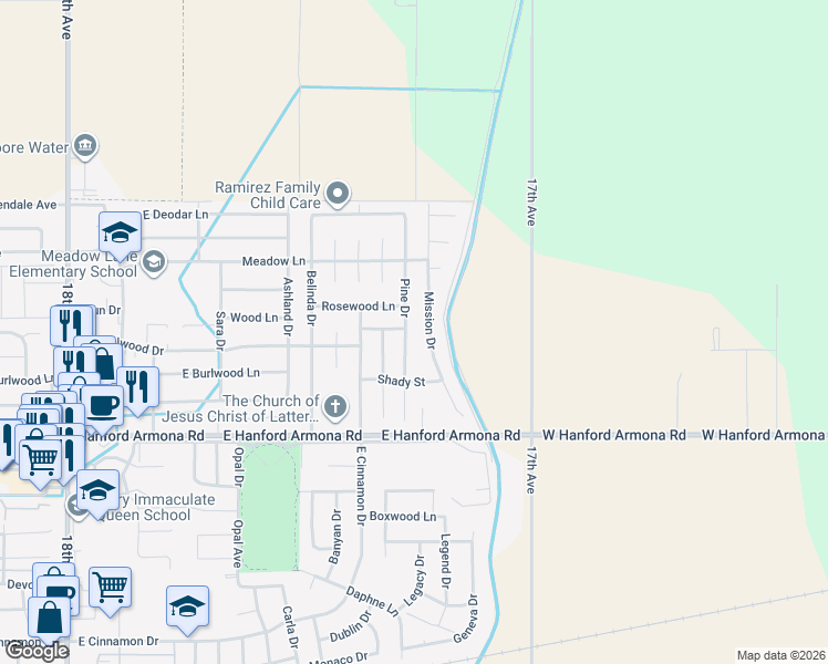 map of restaurants, bars, coffee shops, grocery stores, and more near 1214 Pine Drive in Lemoore