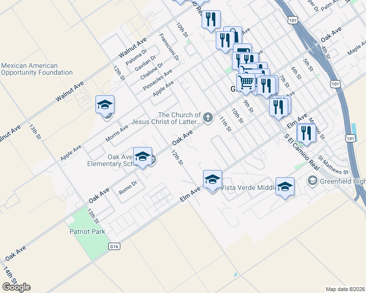 map of restaurants, bars, coffee shops, grocery stores, and more near 1209 Oak Avenue in Greenfield