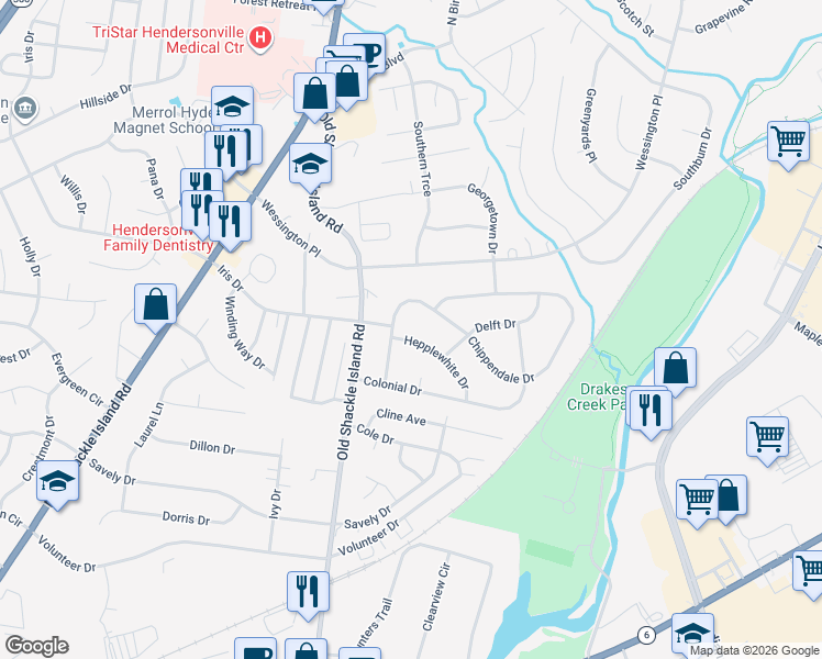map of restaurants, bars, coffee shops, grocery stores, and more near 111 Hepplewhite Drive in Hendersonville