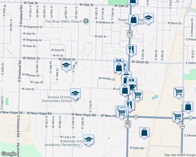 map of restaurants, bars, coffee shops, grocery stores, and more near 1053 West Hendrix Street in Rogers