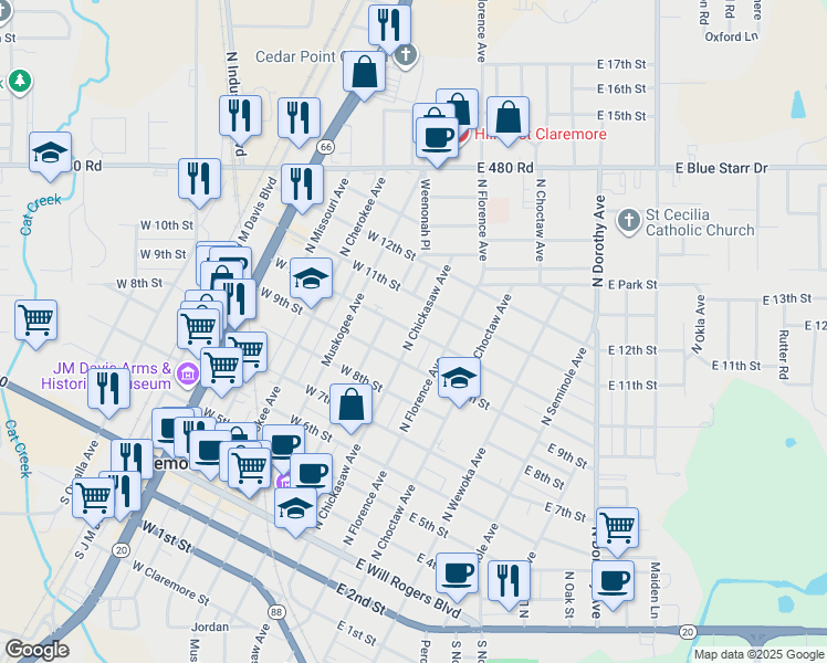map of restaurants, bars, coffee shops, grocery stores, and more near 102 West 10th Street in Claremore