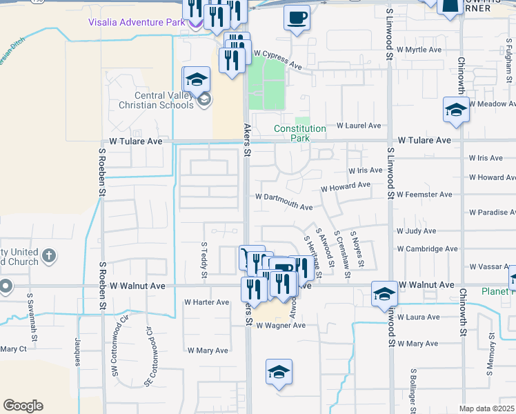map of restaurants, bars, coffee shops, grocery stores, and more near 5220 West Feemster Court in Visalia
