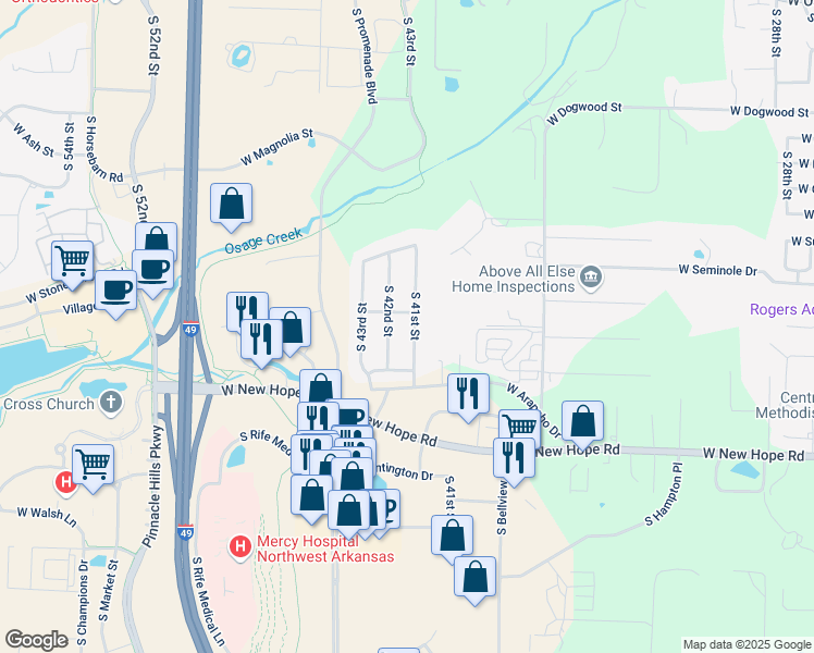 map of restaurants, bars, coffee shops, grocery stores, and more near 1718 South 41st Street in Rogers