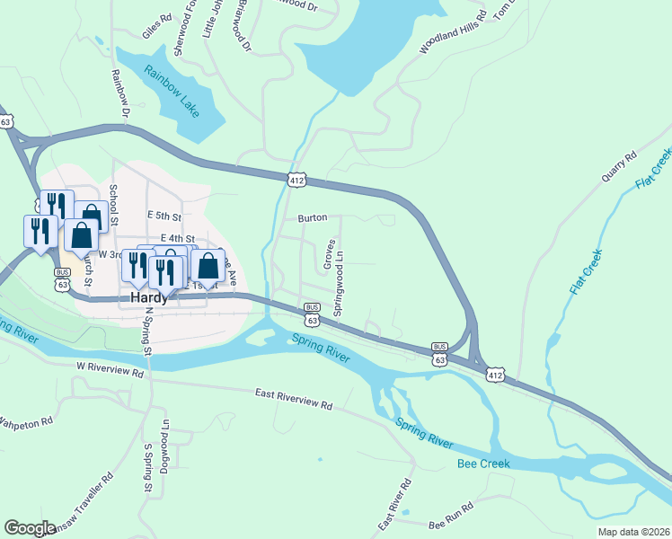 map of restaurants, bars, coffee shops, grocery stores, and more near 703 Horn Street in Hardy