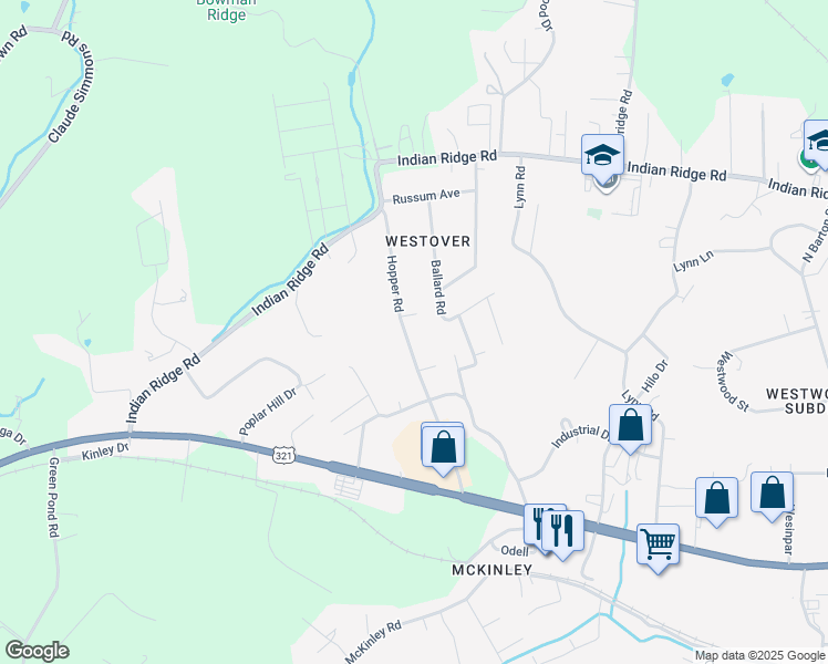 map of restaurants, bars, coffee shops, grocery stores, and more near 176 Hopper Road in Johnson City