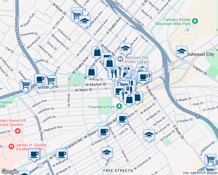 map of restaurants, bars, coffee shops, grocery stores, and more near 204 West Main Street in Johnson City