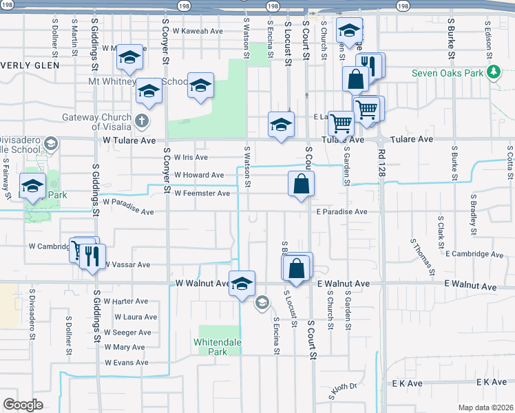 map of restaurants, bars, coffee shops, grocery stores, and more near 308 West Paradise Avenue in Visalia