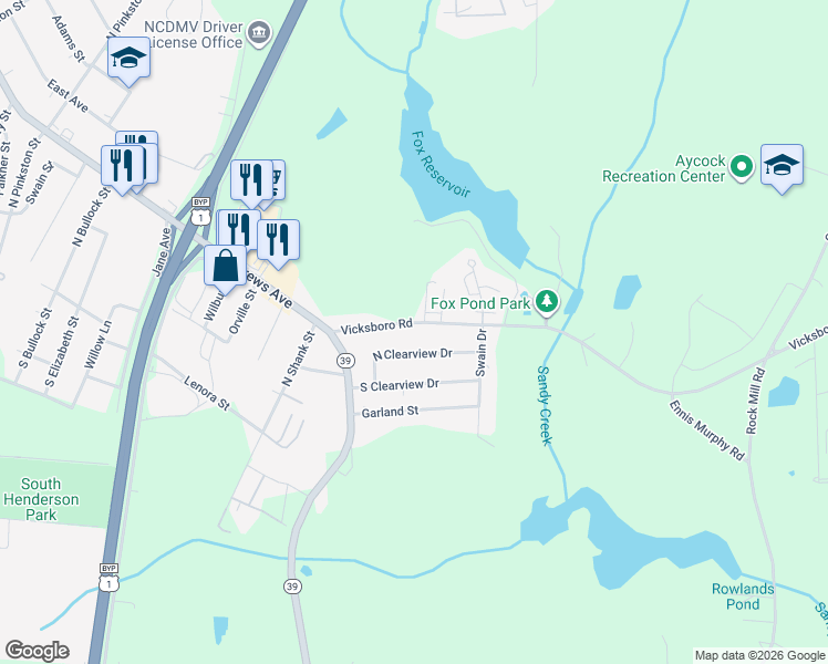 map of restaurants, bars, coffee shops, grocery stores, and more near 180 Vicksboro Road in Henderson
