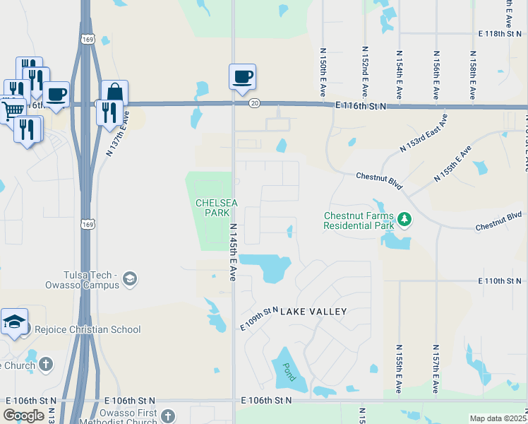 map of restaurants, bars, coffee shops, grocery stores, and more near 14603 East 111th Court North in Owasso