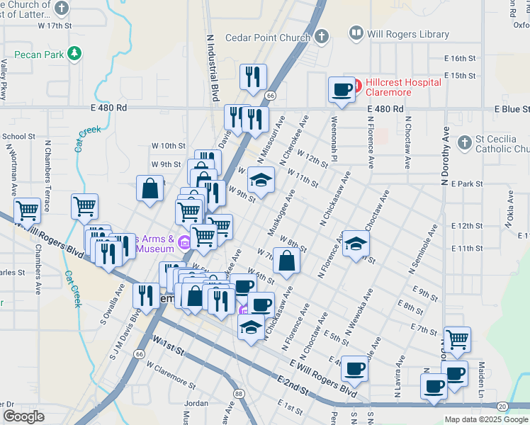 map of restaurants, bars, coffee shops, grocery stores, and more near 622 North Cherokee Avenue in Claremore