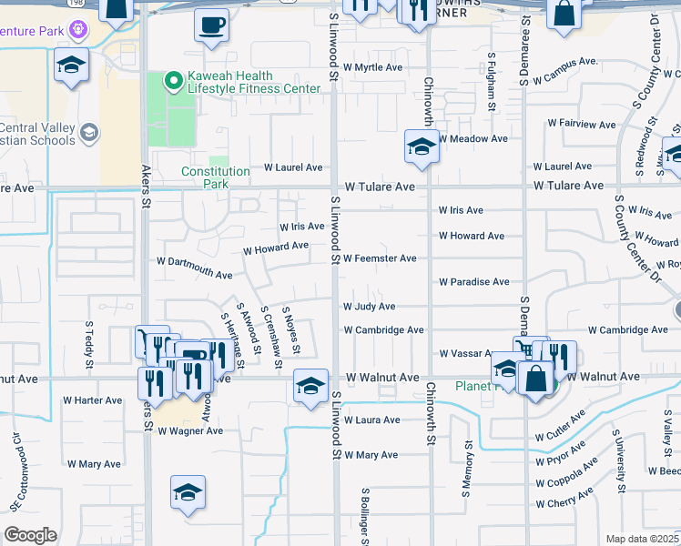 map of restaurants, bars, coffee shops, grocery stores, and more near 1546 South Linwood Street in Visalia