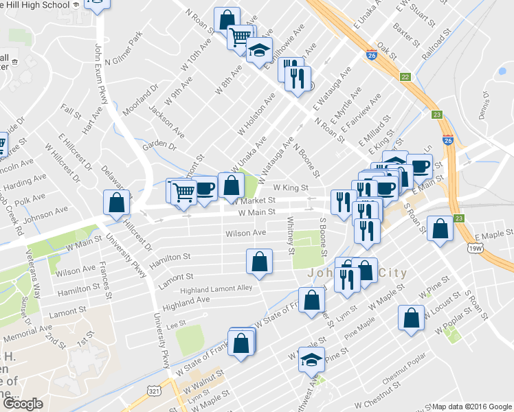 map of restaurants, bars, coffee shops, grocery stores, and more near 259 West Main Street in Johnson City