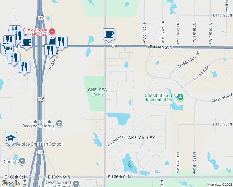 map of restaurants, bars, coffee shops, grocery stores, and more near 11114 North 146th East Avenue in Owasso