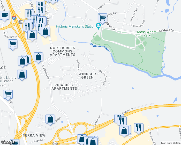 map of restaurants, bars, coffee shops, grocery stores, and more near 132 Buckingham Court in Goodlettsville